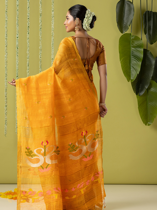 Handwoven Jamdani Silk Tissue Linen Saree | Marigold Orange