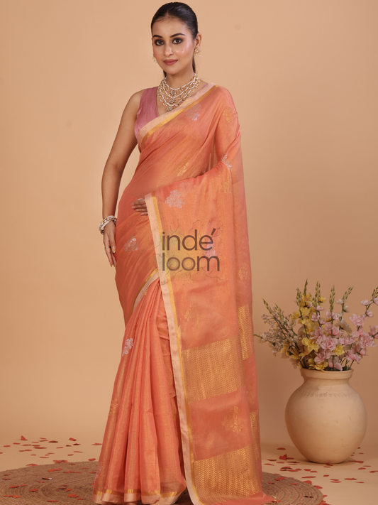 Matka Silk Jamdani Saree With Melon Orange - 123