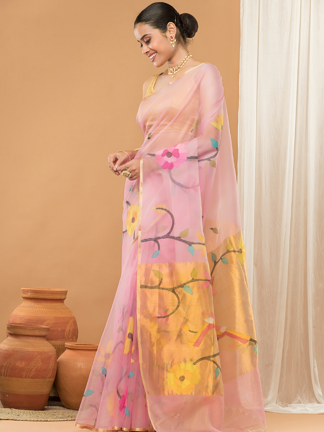 Tissue Muslin Jamdani Saree With Light Pink -007