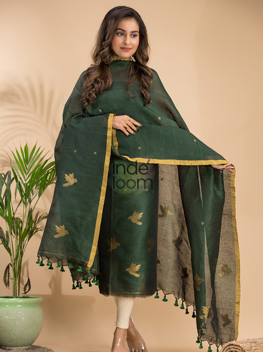 Handwoven Jamdani Cotton Linen Unstitched 2-piece Kurti | Bottle Green