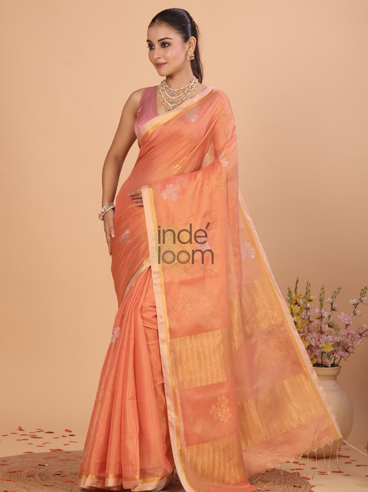 Matka Silk Jamdani Saree With Melon Orange - 123
