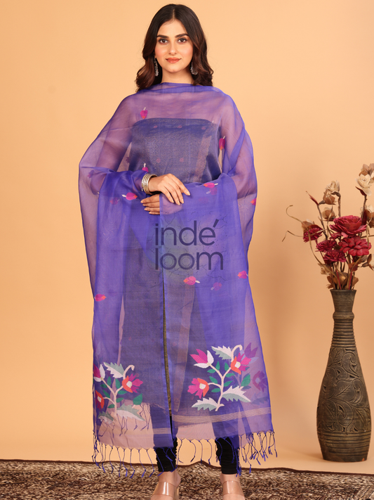 Pure Handloom Muslin Jamdani Dupatta With Plum Purple - 026