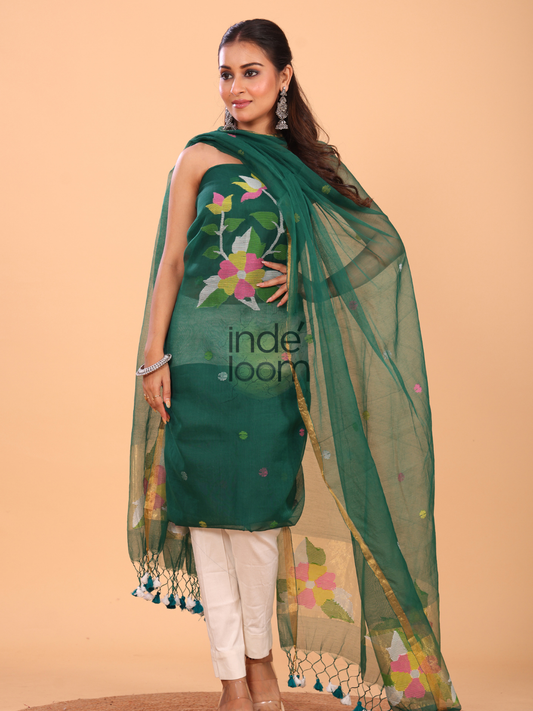 Rainforest Green | Handloom Jamdani Muslin Unstitched 2-Piece Kurti