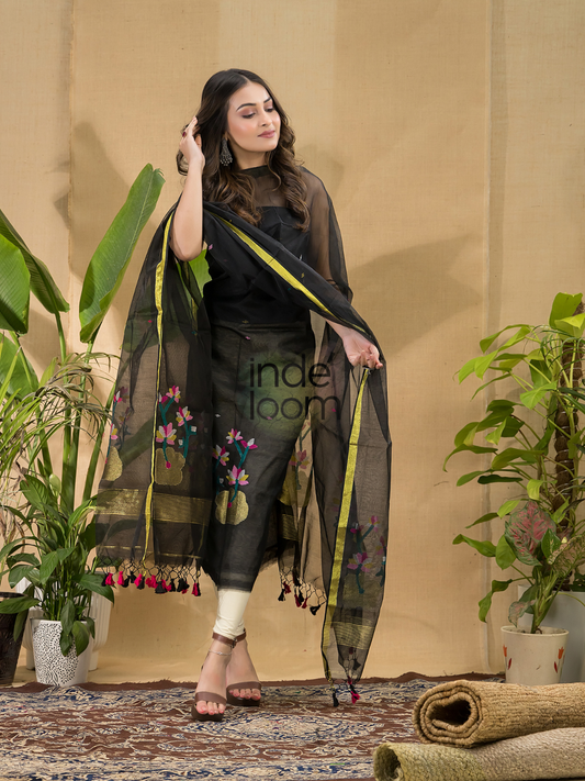 Deep Black | Handloom Jamdani Muslin Unstitched 2-Piece Kurti