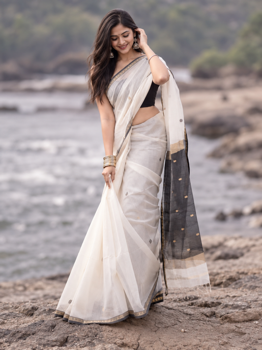 Maheshwari Silk Cotton Saree – Festive Elegance | Ivory White