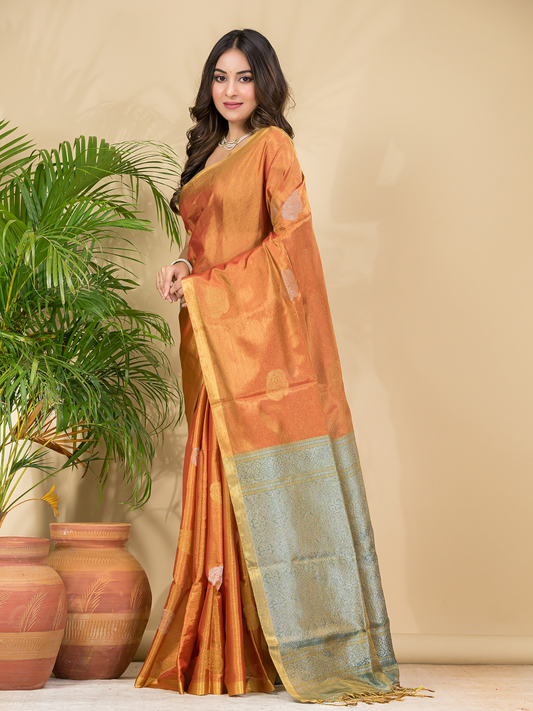 Tissue Silk Saree With Fire Orange - 031