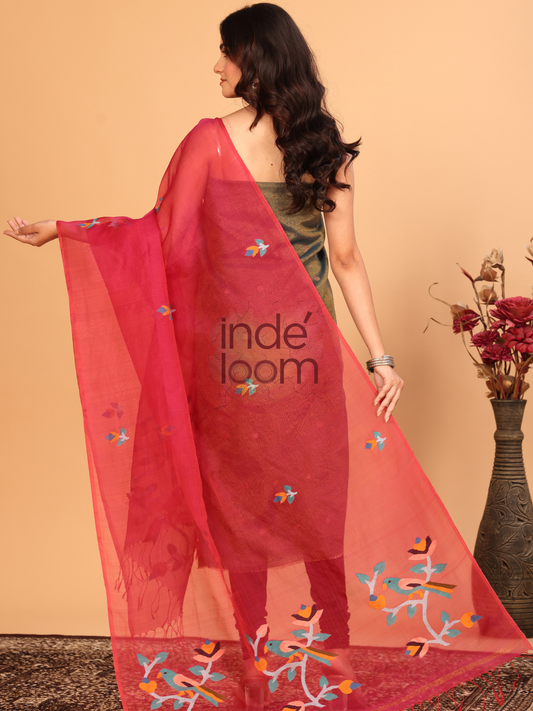 Pure Handloom Muslin Jamdani Dupatta With Classic Red - 027