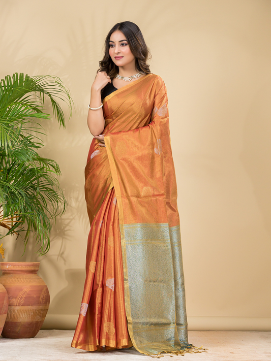 Tissue Silk Saree With Fire Orange - 031