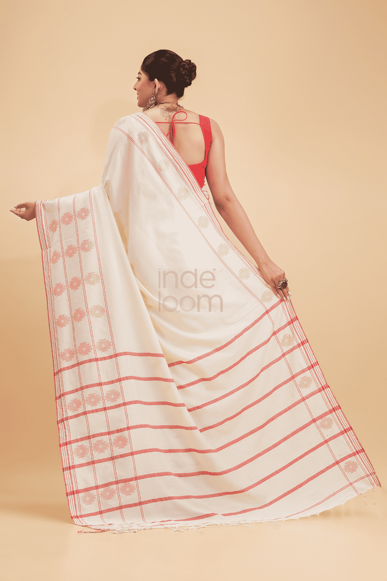 Dewali Saree Handloom Cotton in Red White 017 - indeloom