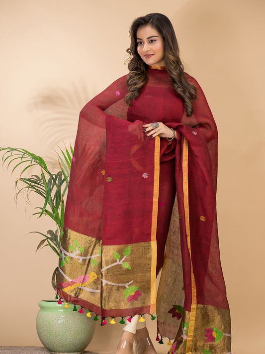 Claret | Handloom Jamdani Linen Unstitched 2-Piece Kurti | Paithani Design