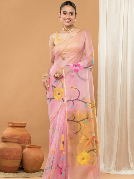 Tissue Muslin Jamdani Saree With Light Pink -007