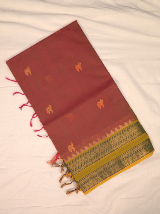 Kanchi Cotton|Dual Tone Red & Leaf green/ Green