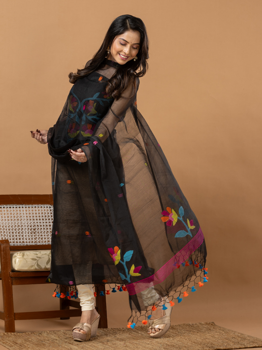 Handwoven Jamdani Muslin Unstitched 2-Piece Kurti | Jet Black