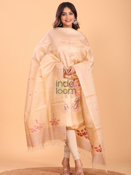 Handwoven Jamdani Tussar Silk Unstitched 2-piece Kurti | Champagne Beige