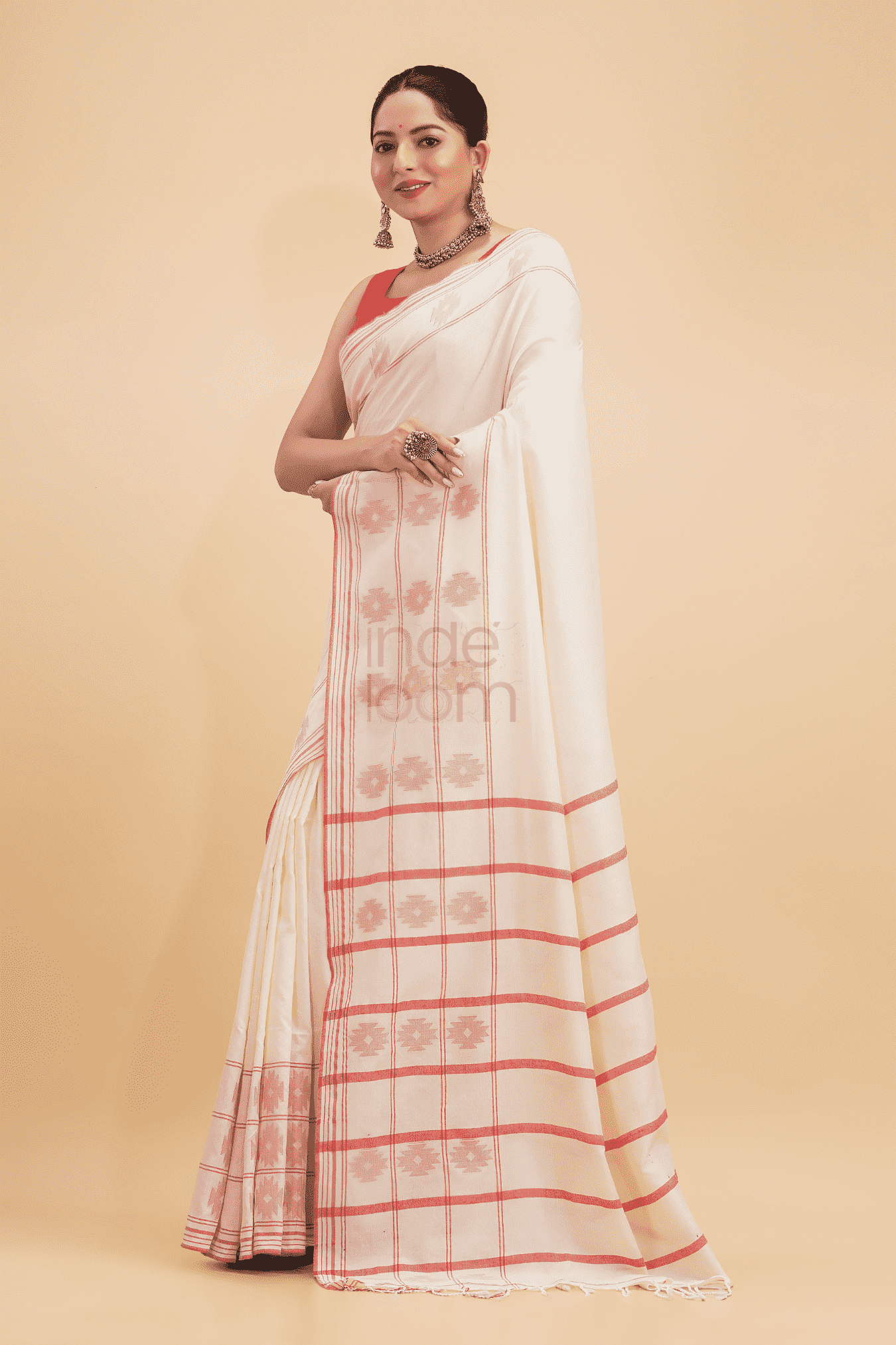 Dewali Saree Handloom Cotton in Red White 017 - indeloom