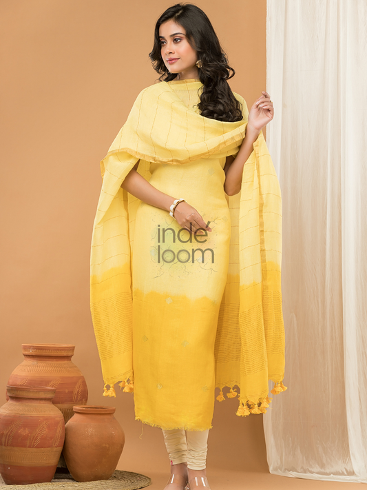 Mustard Glow | Handloom Jamdani Linen Unstitched 2-Piece Kurti | Ombre Design