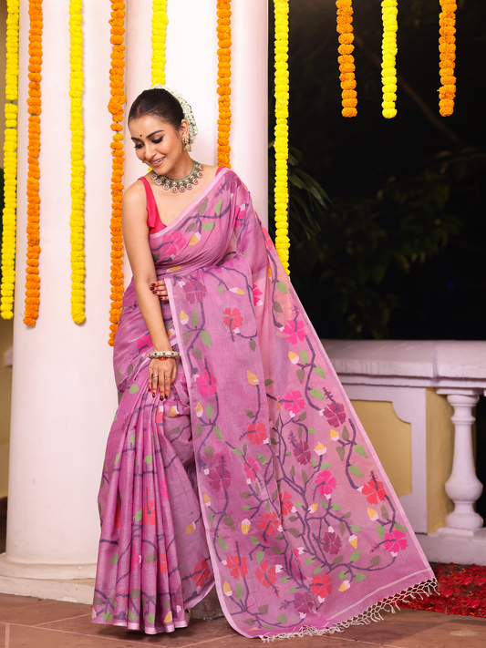 Handloom Jamdani Saree With Rose Pink - 112