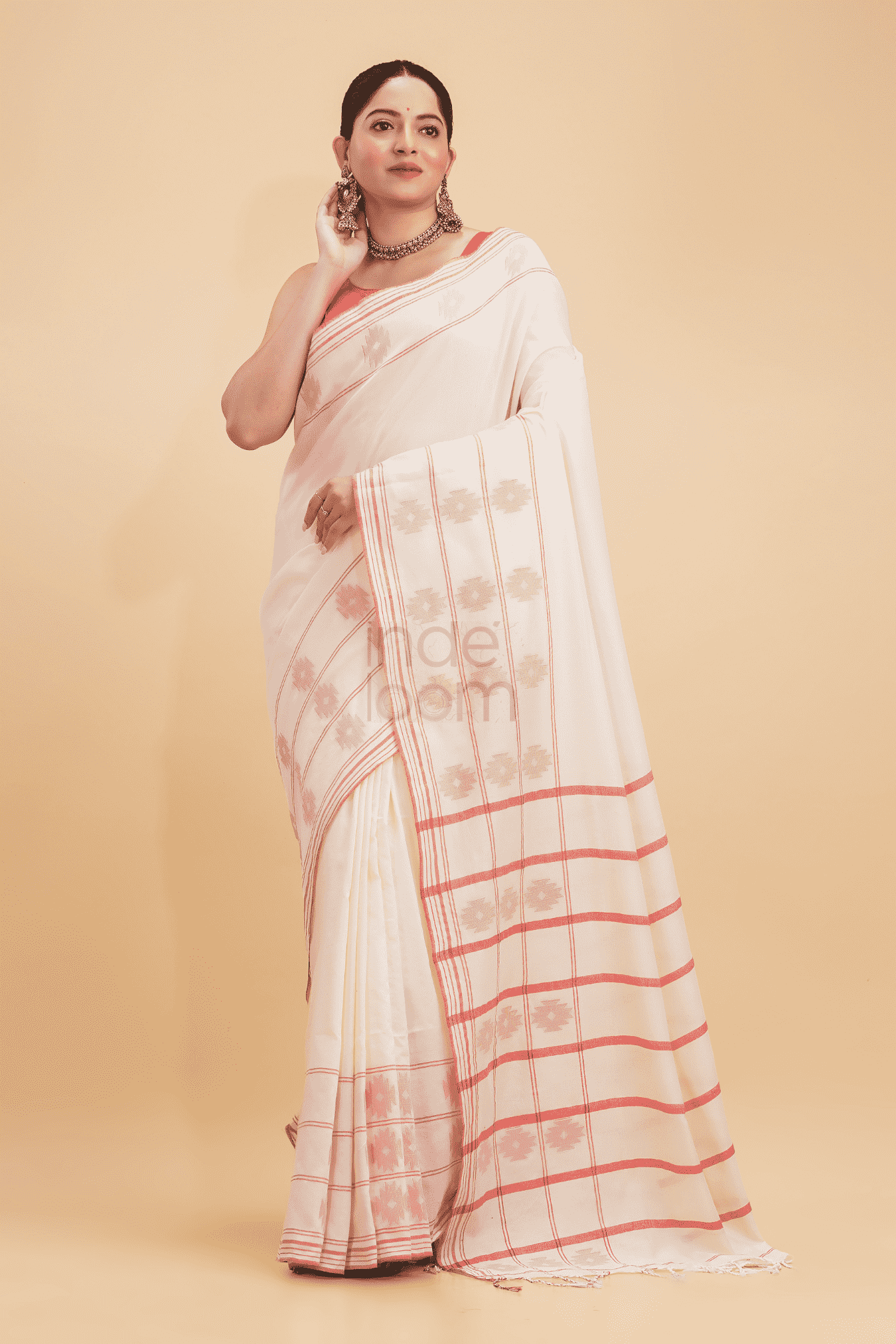 Dewali Saree Handloom Cotton in Red White 017 - indeloom