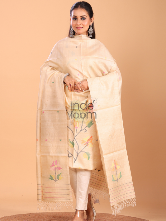 Handwoven Jamdani Tussar Silk Unstitched 2-piece Kurti | Champagne Beige