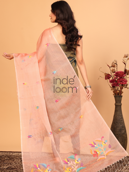 Pure Handloom Muslin Jamdani Dupatta With Punch Pink - 028