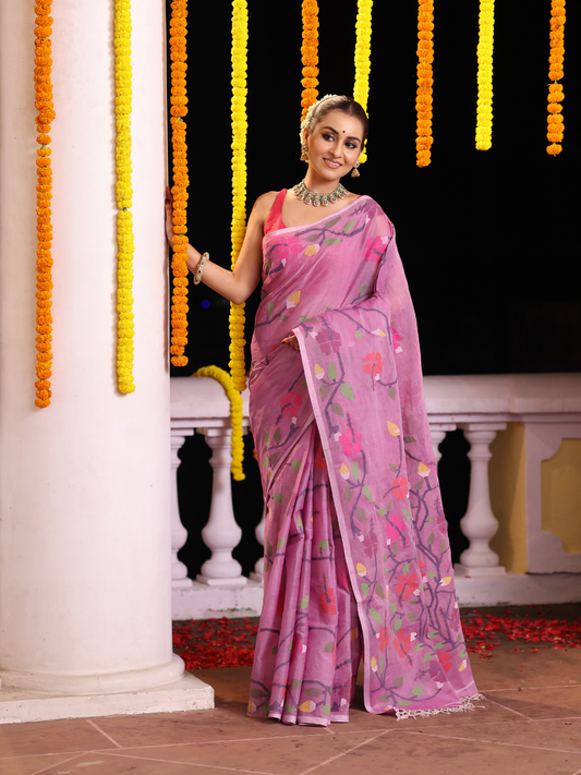 Handwoven Pure Jamdani Silk Cotton Saree | Baby Pink