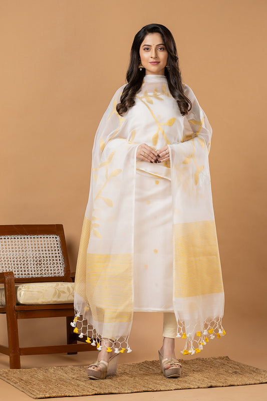 Handwoven Jamdani Muslin Unstitched 2-piece Kurti | White and Yellow | All-over Jamdani weaves with Floral border