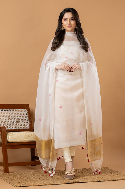 Handwoven Jamdani Muslin Unstitched 2-piece Kurti | White | Scattered Buttas with Floral border