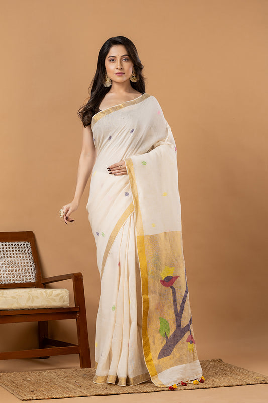 Handwoven Jamdani Muslin Saree | White and Gold | All-over Buttas with All-over Jamdani weaves