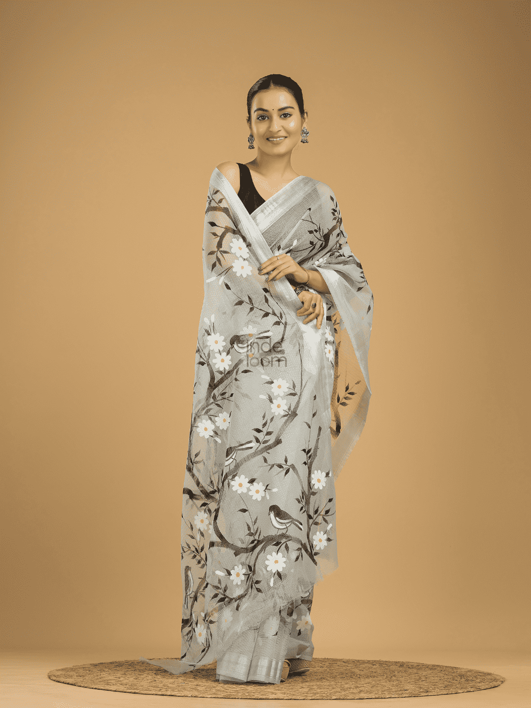 Kota Doria Handpainted Saree With Space Black - 002 - indeloom