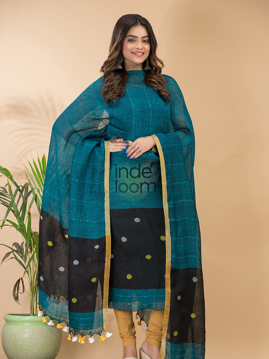 Moss Teal | Handloom Jamdani Linen Unstitched 2-Piece Kurti