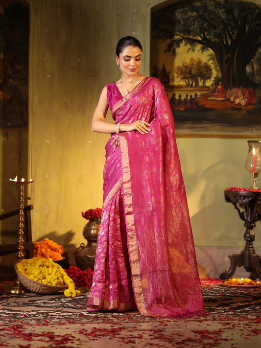 Matka Silk Jamdani  Saree With Deep Pink - 003