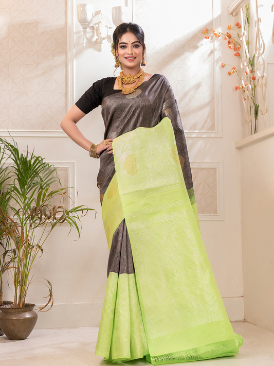 Tamasa  -  Smoky black silk with antique gold zari pallu