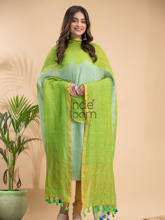 Soft Leaf Green | Handloom Jamdani Linen Unstitched 2-Piece Kurti | Ombre Design