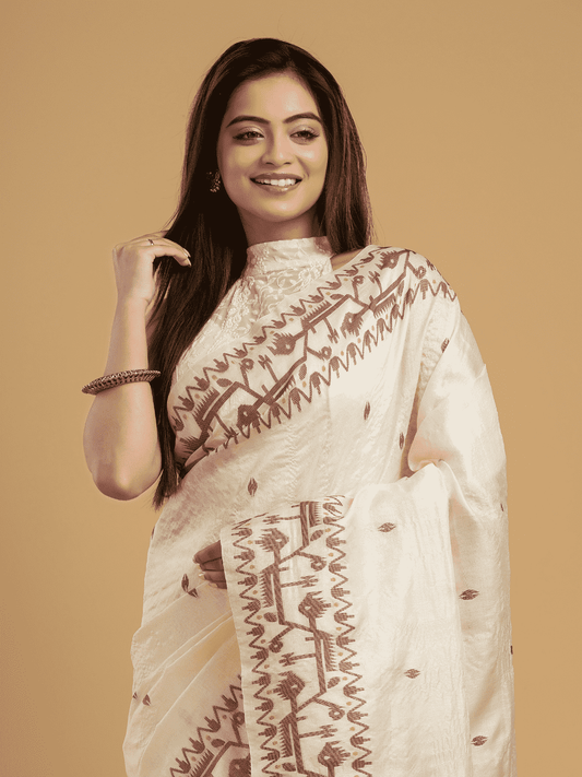 Linen White Tussar Silk Jamdani Saree - 044 - indeloom