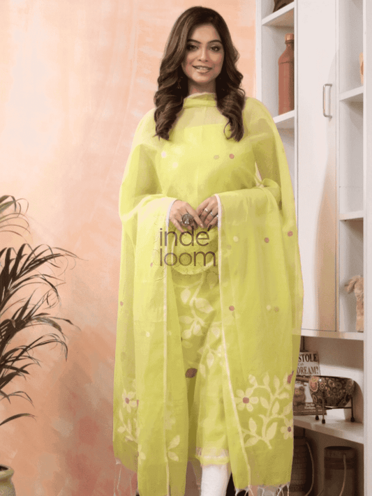 Soft Lime | Handloom Jamdani Muslin Unstitched 2-Piece Kurti