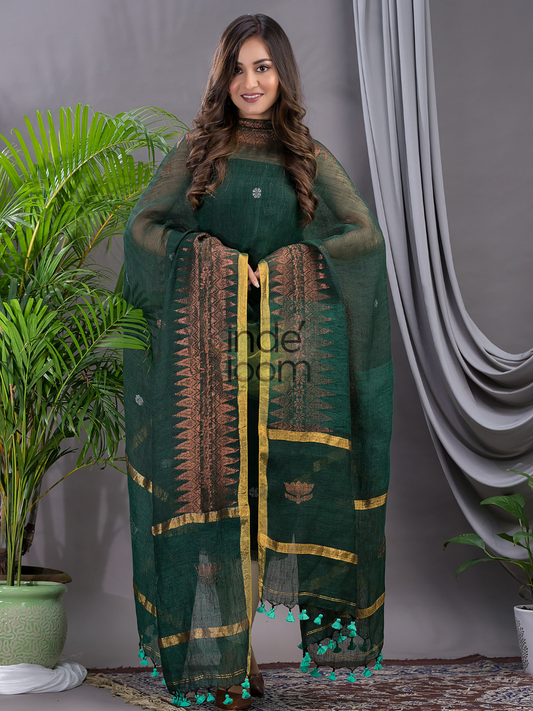Very Dark Cyan | Handloom Jamdani Linen Unstitched 2-Piece Kurti | Meenakari Design