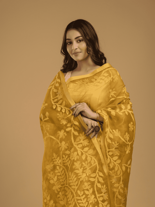 Jamdani Saree With Golden Yellow - 02 - indeloom