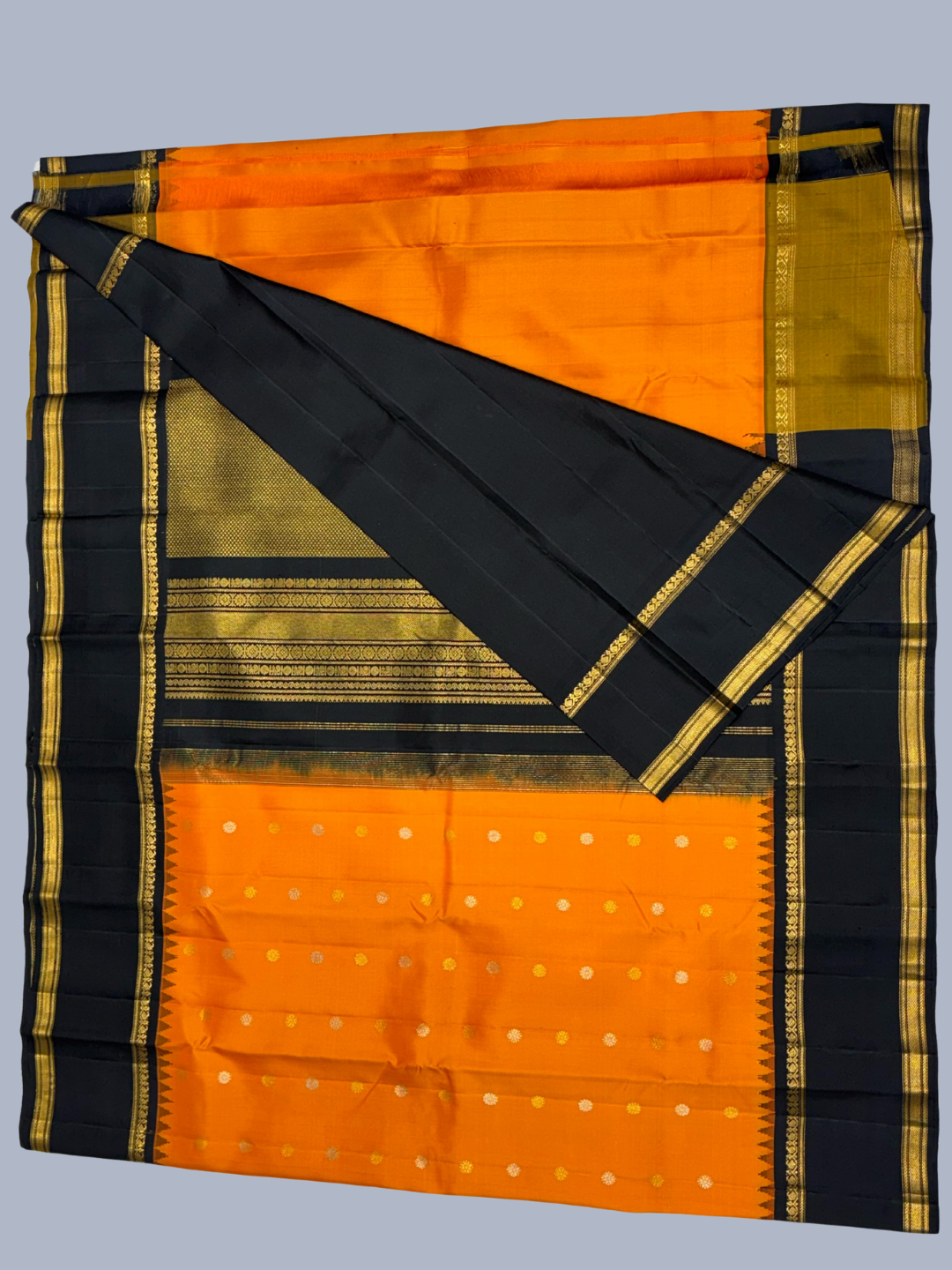 Fire Orange and Black Border Pure Handwoven Kanchi Silk Saree -205