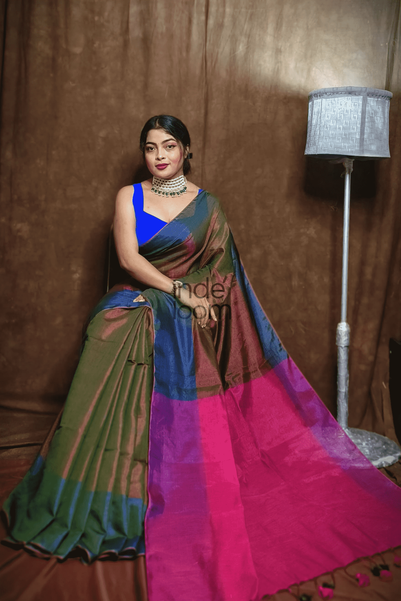 Cotton Silk Saree with Olive Green -005 - indeloom