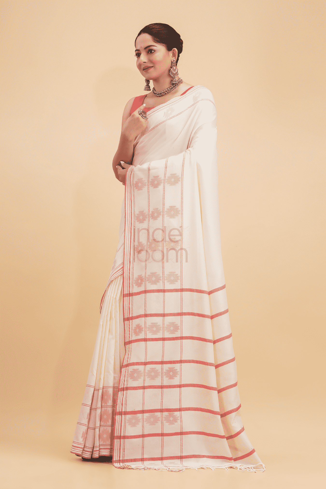 Dewali Saree Handloom Cotton in Red White 017 - indeloom