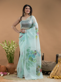 Light Green And Flowers Organza Hand-painted Saree -076