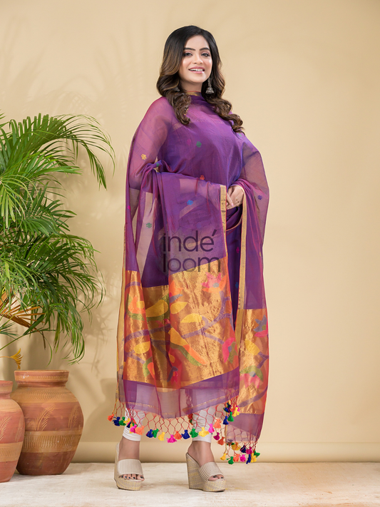 Royal Violet | Handloom Jamdani Muslin Unstitched 2-Piece Kurti | Paithani Design