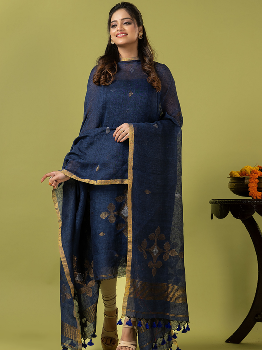 Handwoven Jamdani Linen Unstitched 2-piece Kurti | Navy Blue