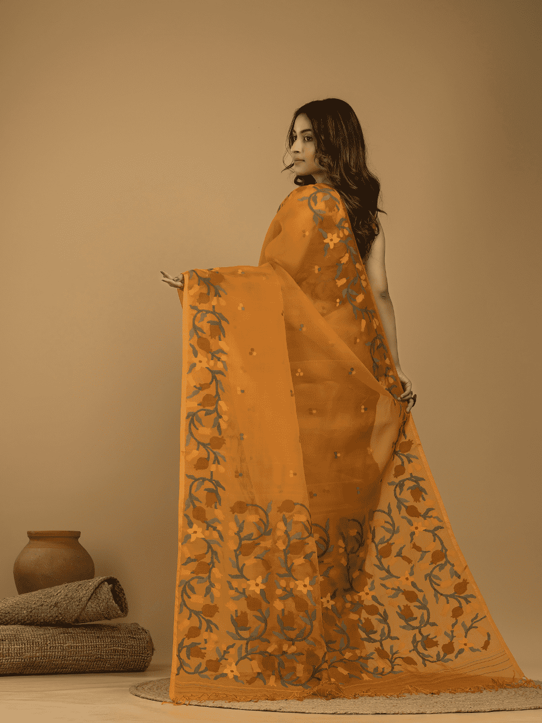 Muslin Jamdani Saree With Mustard Yellow - 018