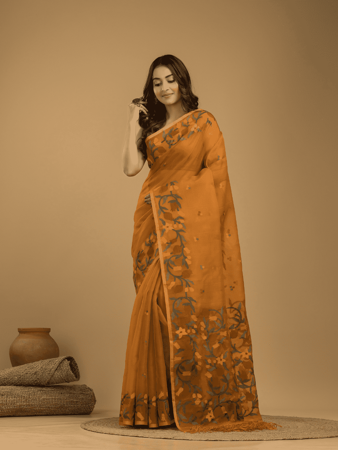 Muslin Jamdani Saree With Mustard Yellow - 018