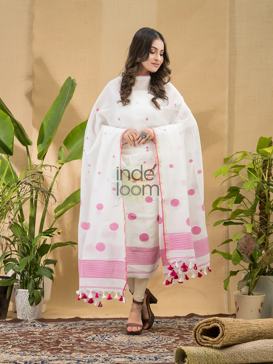 Snow White Jamdani 2-Piece Set Kurti & Dupatta (UNSTITCHED) -718
