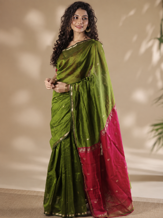 Maheshwari Silk Cotton Saree – Festive Elegance | Olive Green