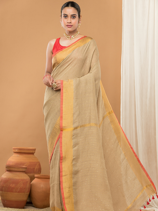 Linen Sequin Jamdani Saree With Light Golden Beige-005