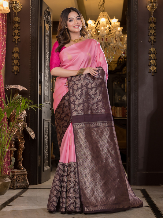 Mridulya - Delicate pink weave with floral zari accents