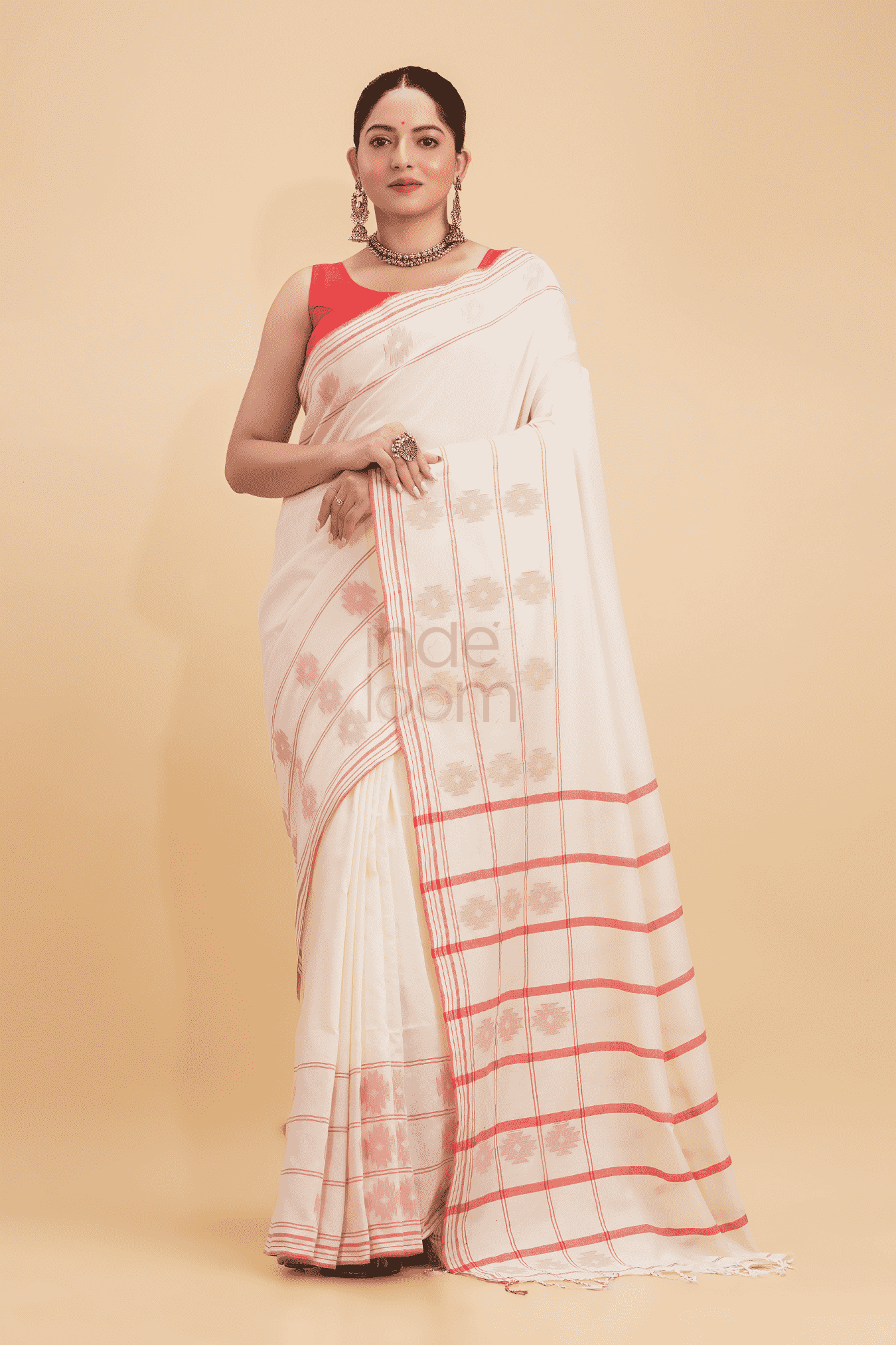 Dewali Saree Handloom Cotton in Red White 017 - indeloom
